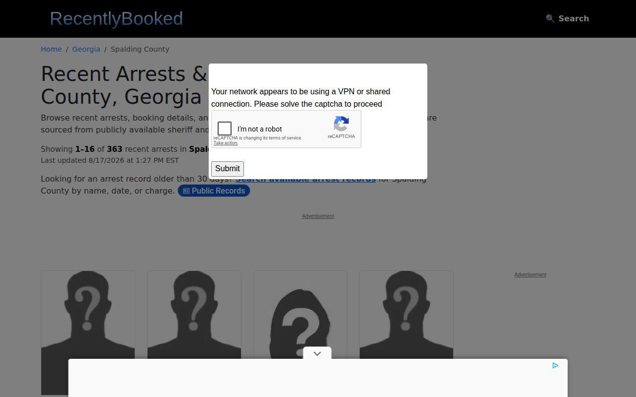 Spalding County unofficial recent arrest records page with placeholder images