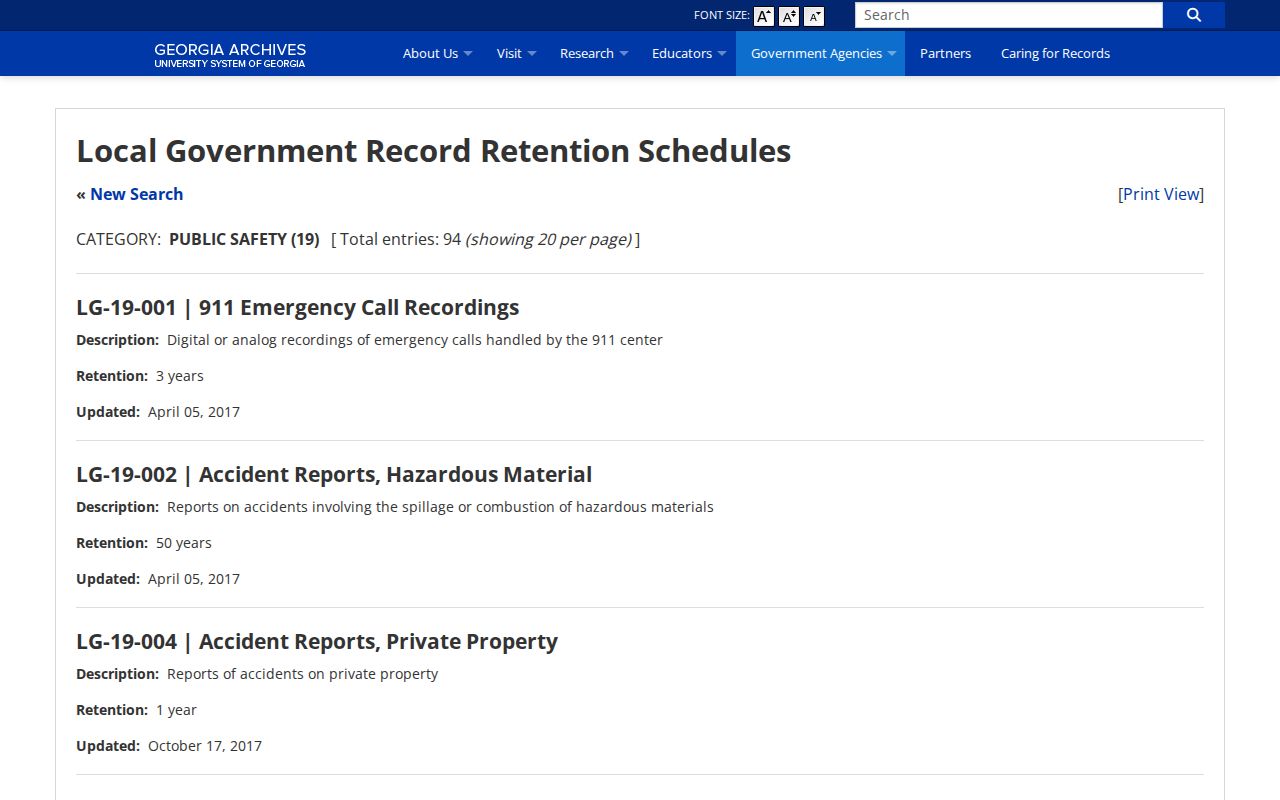 Spalding County public-safety records retention schedule reference
